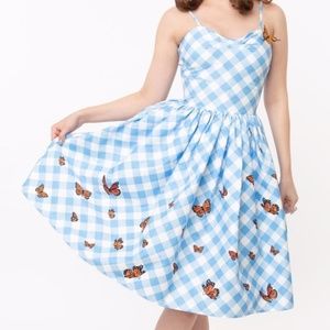 Unique Vintage Blue Gingham & Butterfly Darcy Swing Dress